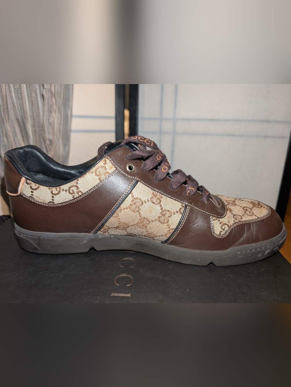 Gucci Men’s Brown GG Canvas & Dark Brown Leather Sneakers with Green-Red Web - Picture 4 of 16